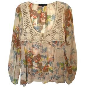 Sanctuary Cream Floral Boho Top Women's Medium  Crochet Trim Peasant Blouse
